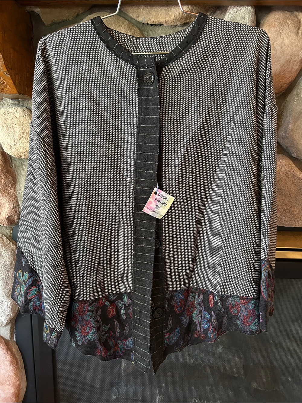 Ursula's Wearable Art Black & Gray Knit Blazer Floral Hem Shacket, Size L, NWT